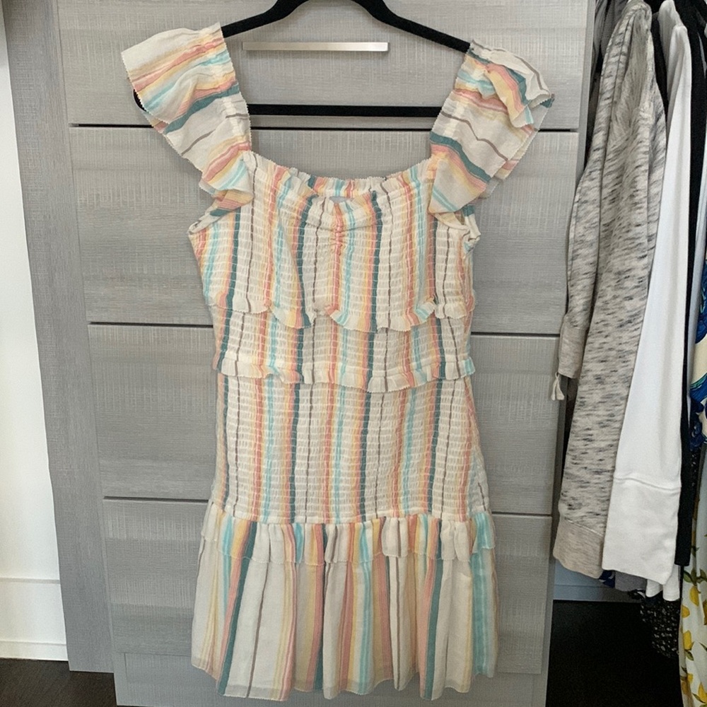 Saylor multicolored smocked ruffle mini dress - size small